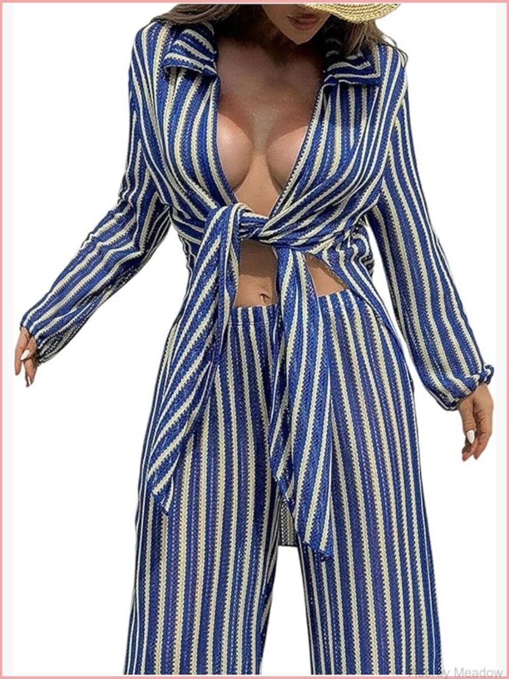 Striped Crochet Knit Kimono Swim Cover Up Open Front Long Sleeve Cardigan